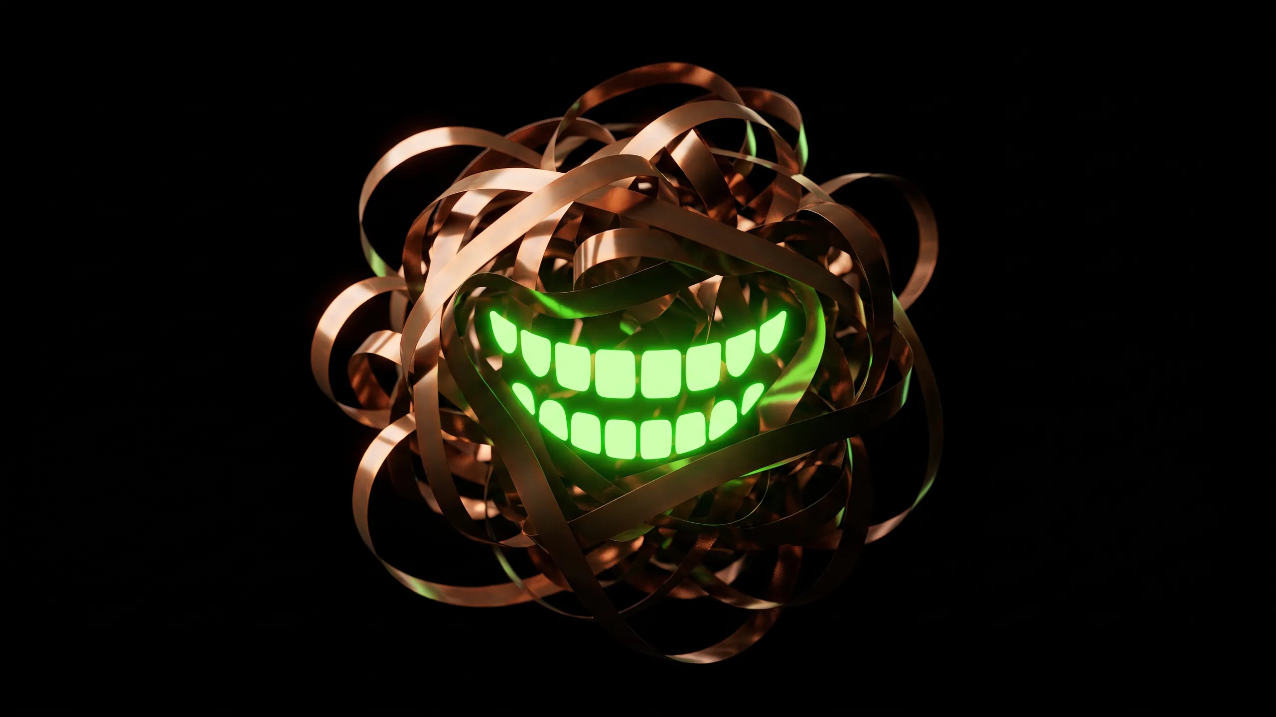 A tangled knot of copper magnetic tape with a wide grin of acid-green light set into it.