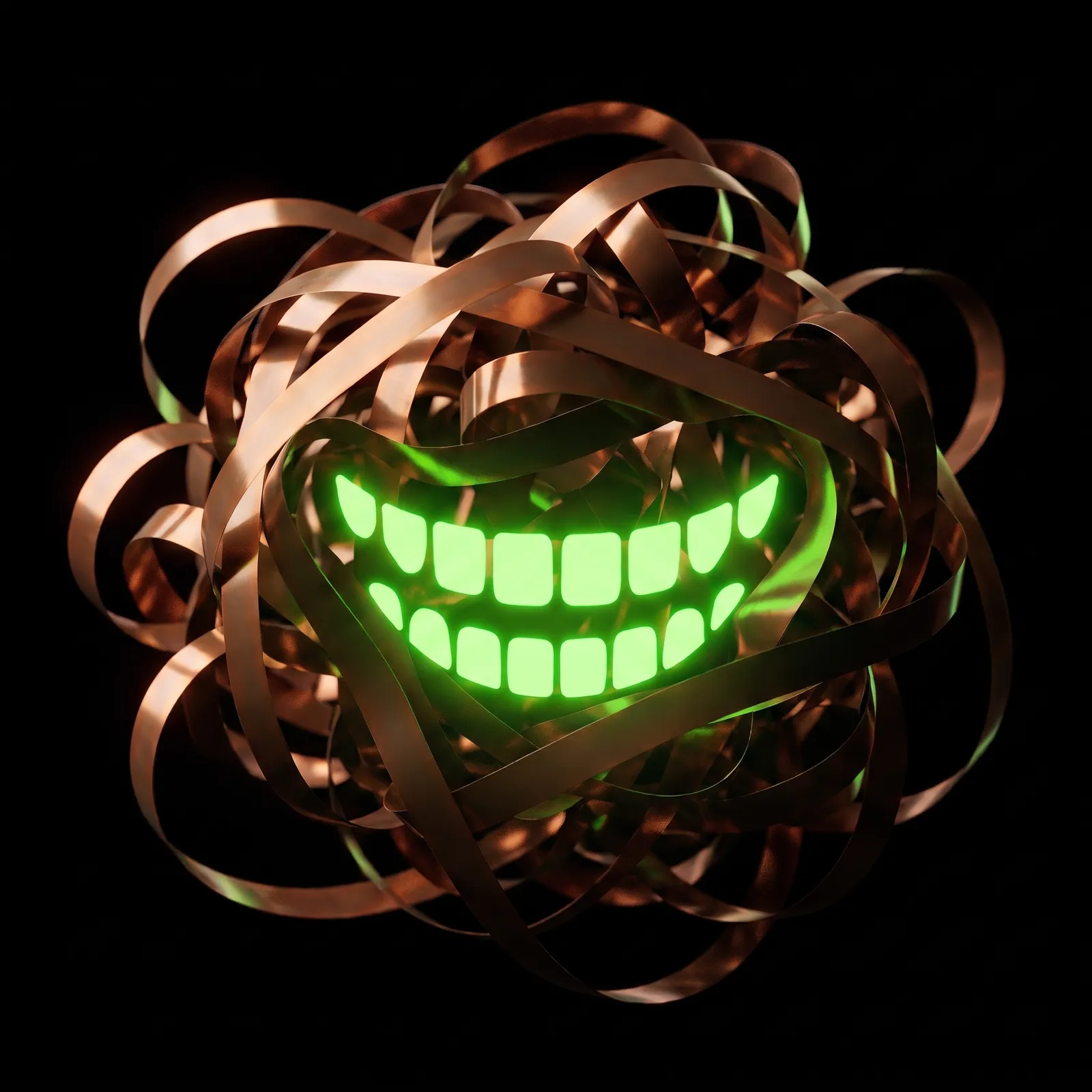 A tangled knot of copper magnetic tape with a wide grin of acid-green light set into it.